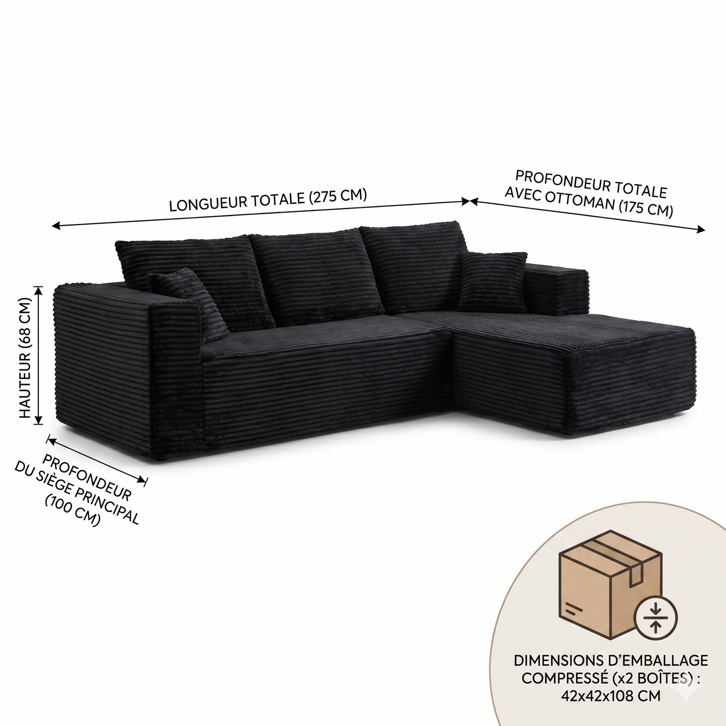 Canapé d'Angle Compressé Velours Côtelé avec Méridienne — 3 Coloris