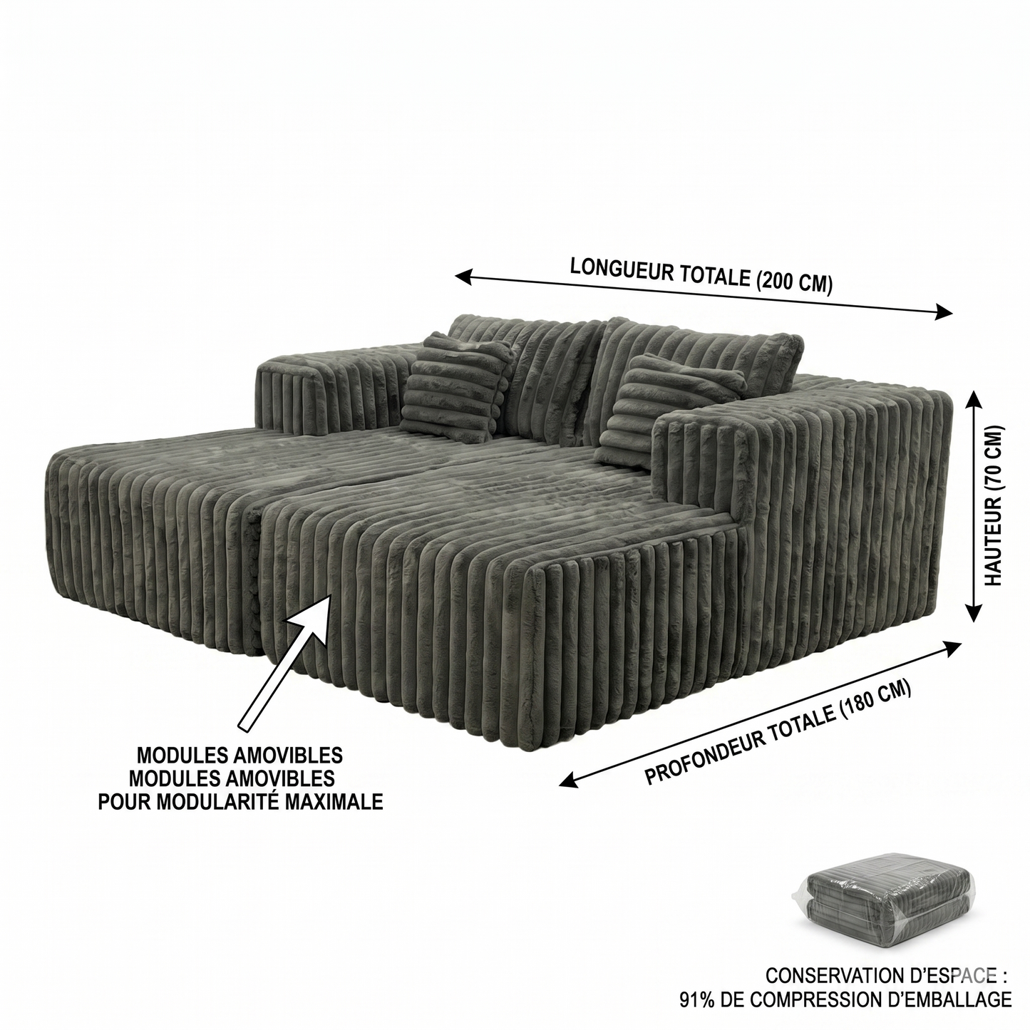 Canapé Îlot XXL Compressé Velours Côtelé Gris — 200×180cm