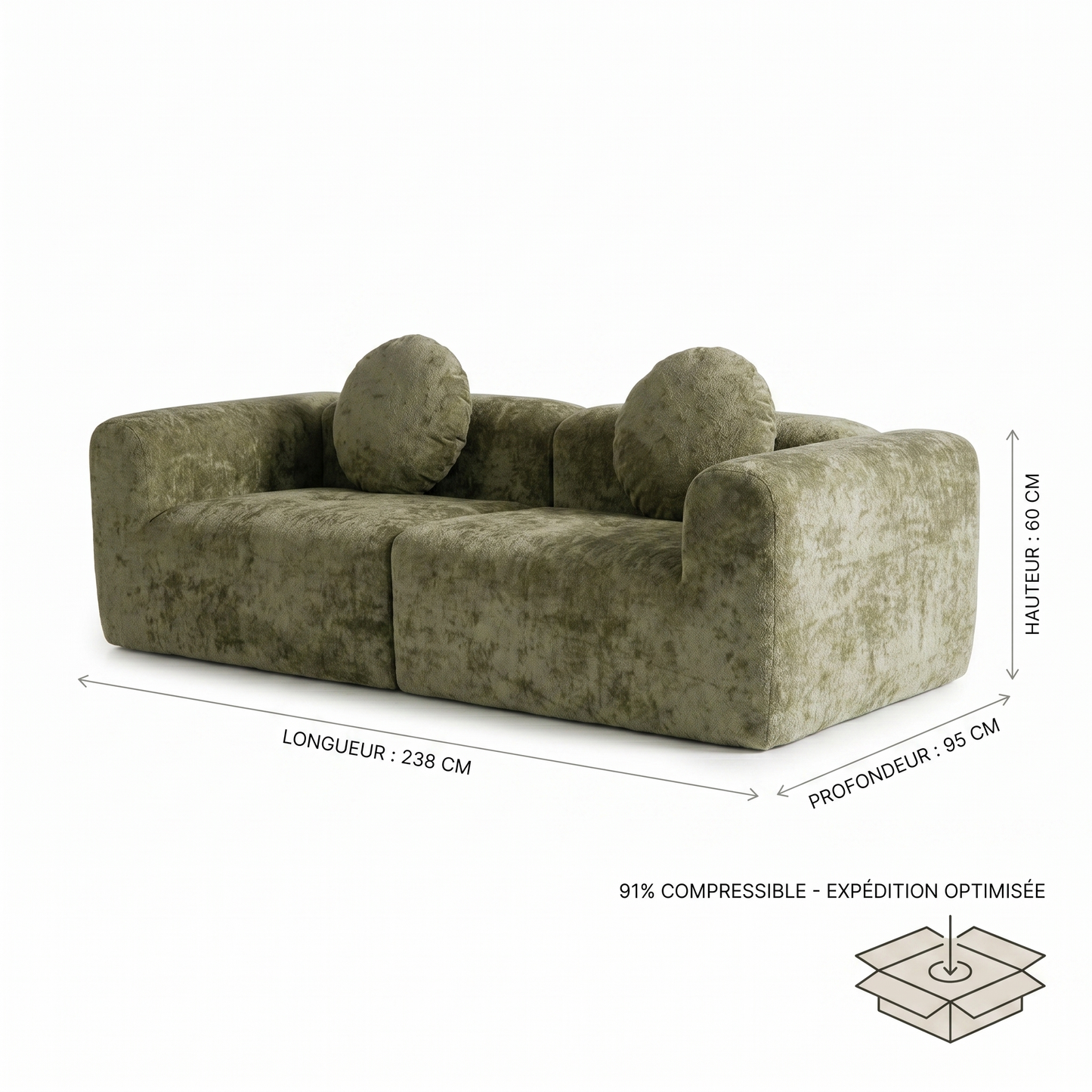 Canapé Compressé 2 Places Velours Chenille — Formes Rondes Design