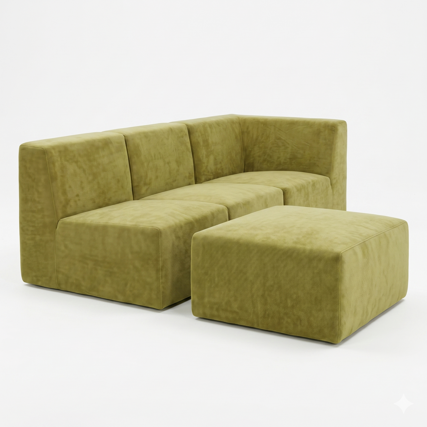 Canapé d'Angle Compressé 3 Places + Pouf Velours Olive — Modulable