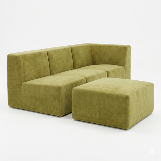 Canapé d'Angle Compressé 3 Places + Pouf Velours Olive — Modulable