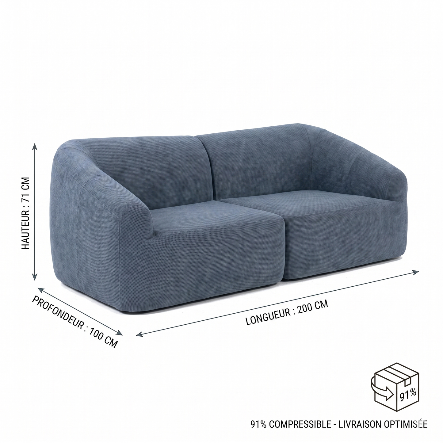 Canapé Compressé 2 Places Velours Bleu Acier — Formes Enveloppantes