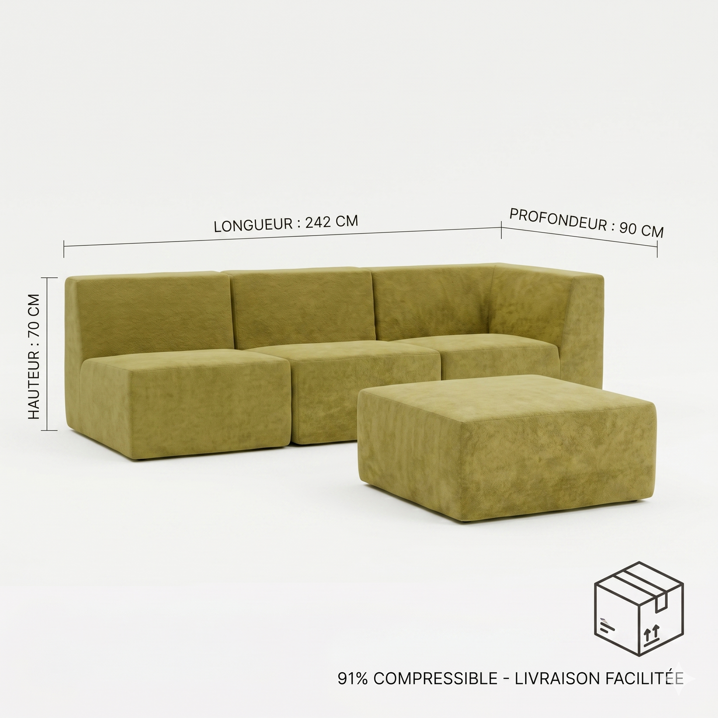 Canapé d'Angle Compressé 3 Places + Pouf Velours Olive — Modulable