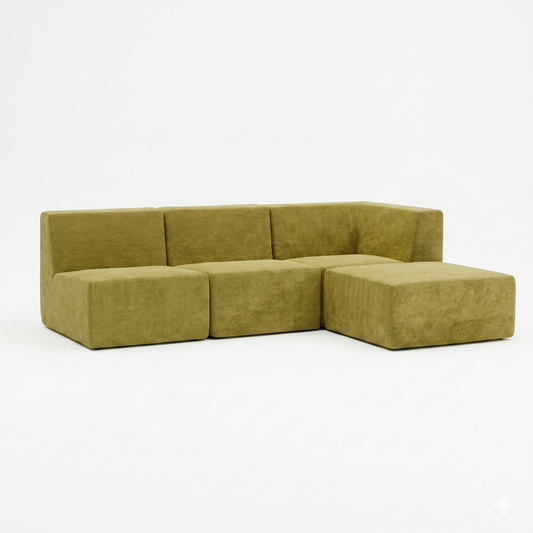 Canapé d'Angle Compressé 3 Places + Pouf Velours Olive — Modulable