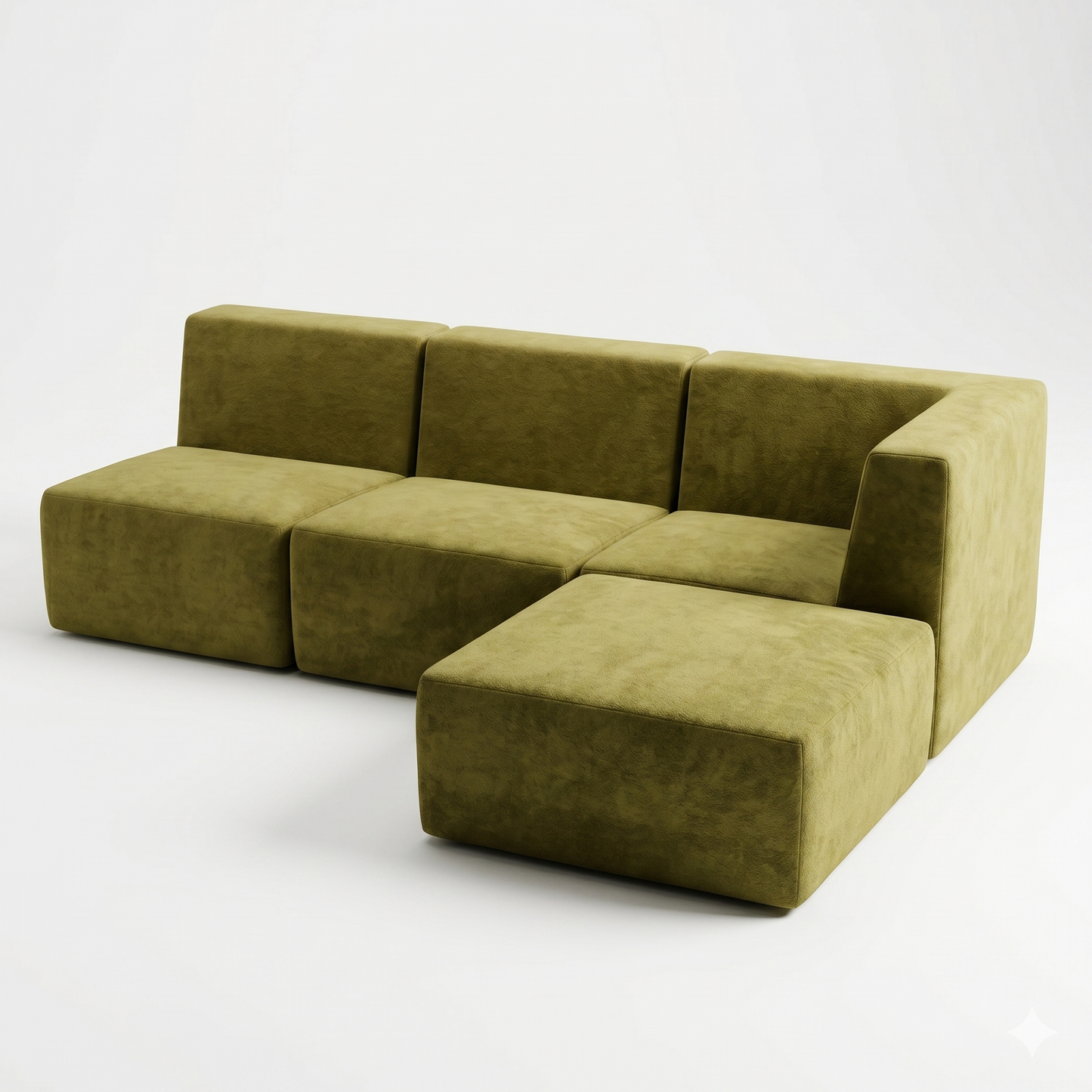 Canapé d'Angle Compressé 3 Places + Pouf Velours Olive — Modulable