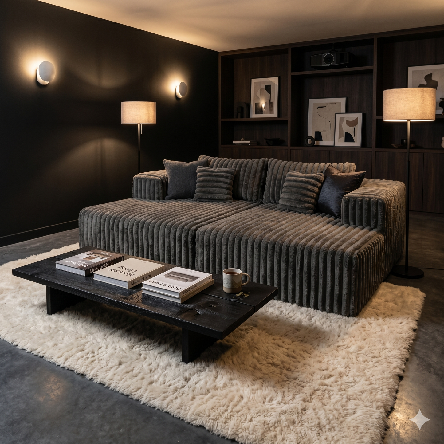 Canapé Îlot XXL Compressé Velours Côtelé Gris — 200×180cm