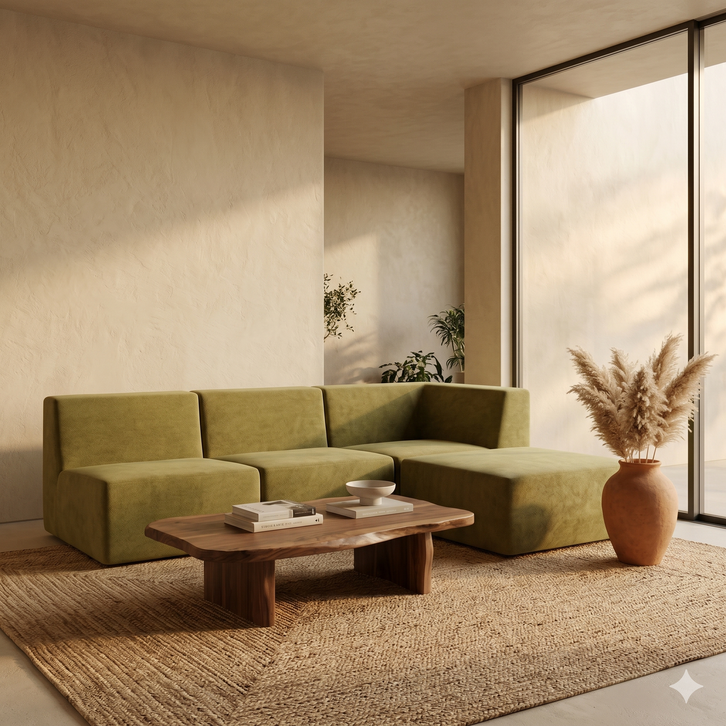 Canapé d'Angle Compressé 3 Places + Pouf Velours Olive — Modulable